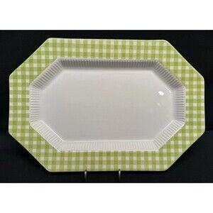 Independence Ironstone octagon green white checkerboard rim serving platter 9x13